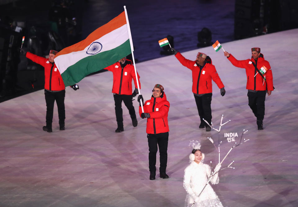 <p>Flag bearer Shiva Keshavan of India during the Opening Ceremony of the PyeongChang 2018 Winter Olympic Games at PyeongChang Olympic Stadium on February 9, 2018 in Pyeongchang-gun, South Korea. (Photo by Ronald Martinez/Getty Images) </p>