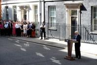 Britain's new Prime Minister, Boris Johnson, delivers a speech outside Downing Street, in London