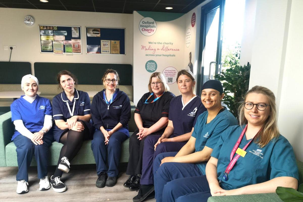 (L-R) Reem Ali, Giada Donnini, Sheera Sutherland, divisional research lead and fellowship coordinator, OUH chief nursing officer Yvonne Christley, Jessica Pountney, Kamaldeep Bhatti and Jordan Thomas <i>(Image: OUH)</i>