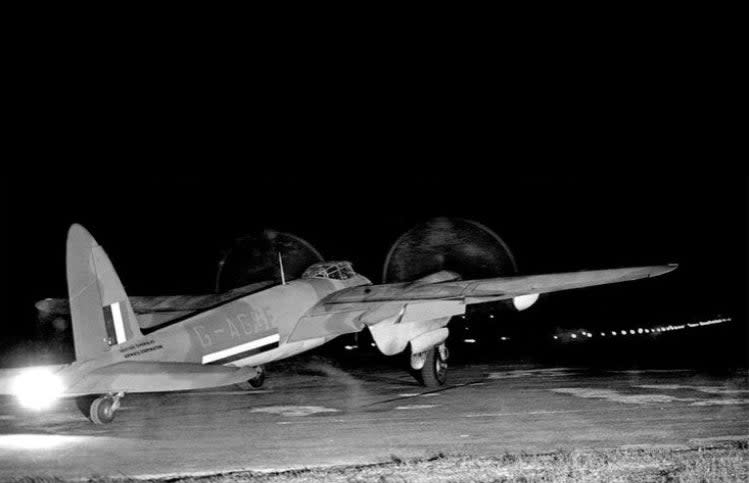 A BOAC Mosquito lines up for takeoff from RAF Leuchars in Scotland. <em>Crown Copyright</em>