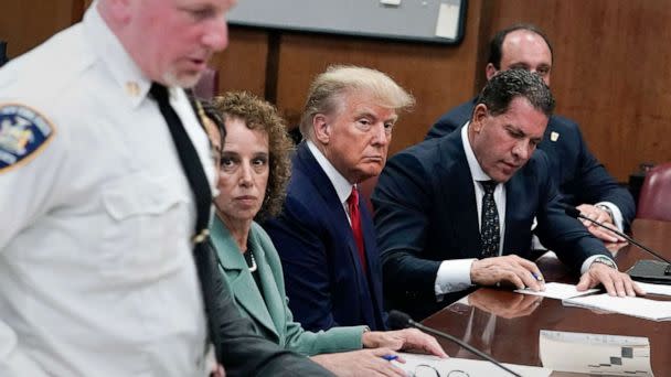 PHOTO: Former President Donald Trump appears in court at the Manhattan Criminal Court in New York on April 4, 2023. (Seth Wenig/Pool via AFP-Getty Images)