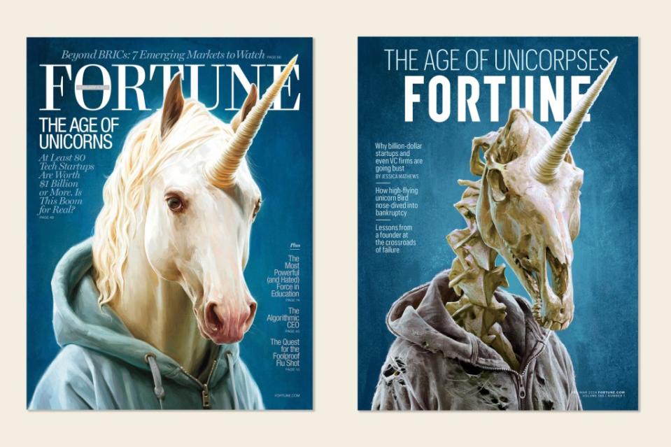 Fortune's cover from February 2015, when running a startup was a lot less stressful, next to our February/March 2024 cover. Cover Illustrations by Jeremy Enecio