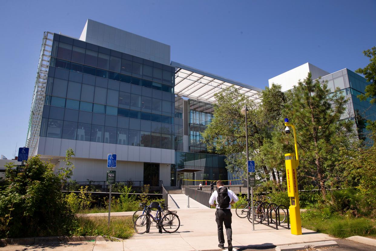 The north entrance of the Phil and Penny Knight Campus for Accelerating Scientific Impact at the University of Oregon that faces the area where the new second building will be erected.