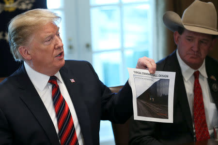 U.S. President Donald Trump shows a photo of a "typical" border wall design during a "roundtable discussion on border security and safe communities" with state, local, and community leaders in the Cabinet Room of the White House in Washington, U.S., January 11, 2019. REUTERS/Leah Millis