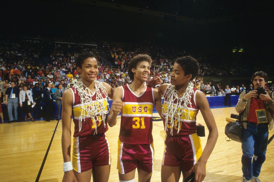 USC's Paula McGee, Cheryl Miller and Pamela McGee after winning the 1984 NCAA championship game over Tennessee. (Photo by Peter Read Miller /Sports Illustrated via Getty Images)