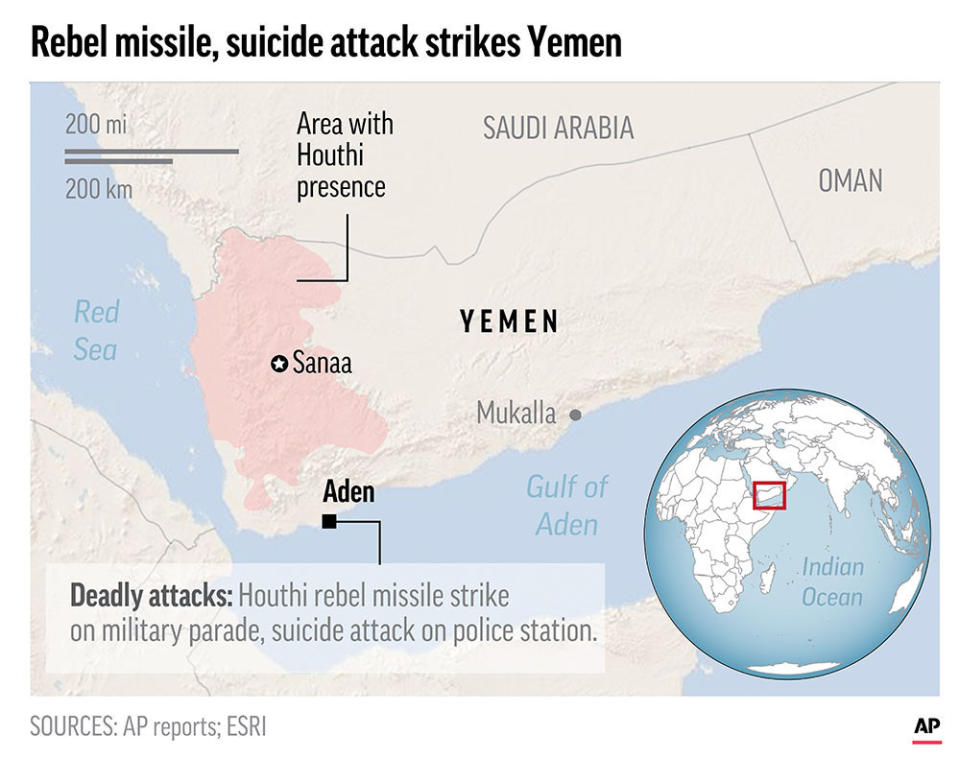 Rebel missile attack, suicide bombs kill 51 in Yemen's Aden.;