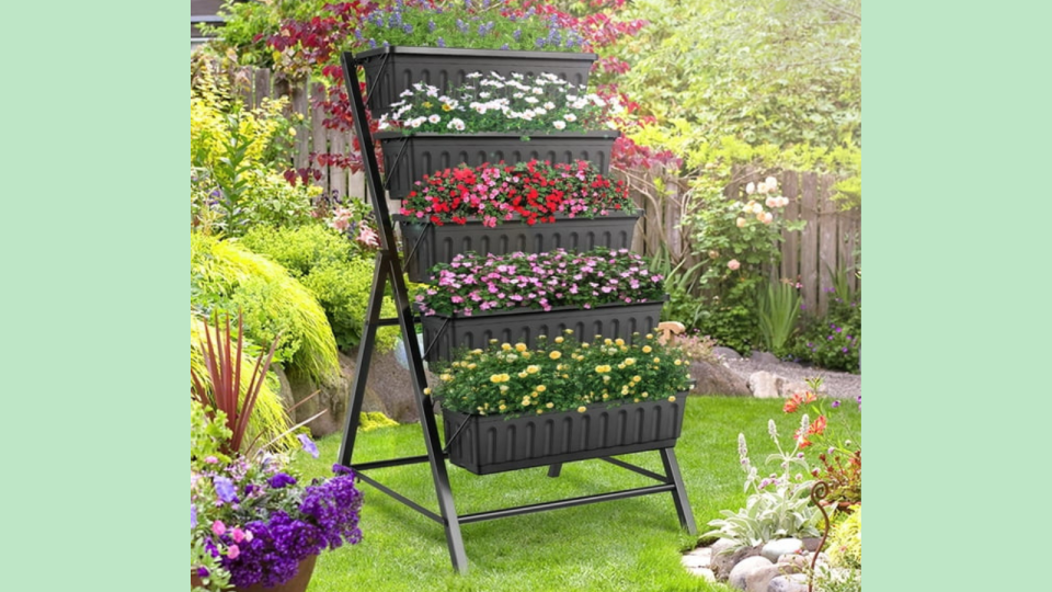 the black vertical garden filled with flowers in a lush outdoor space