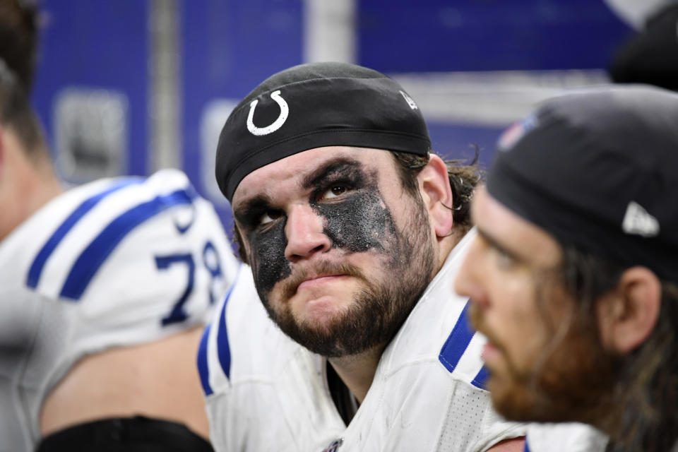 Indianapolis Colts offensive guard Quenton Nelson stint on the bench in the second half of an NFL football game against the New Orleans Saints in New Orleans, Monday, Dec. 16, 2019. The Saints won 34-7. (AP Photo/Bill Feig)