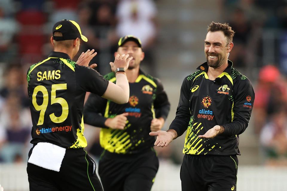 Daniel Sams and Glenn Maxwell, pictured here celebrating the wicket of Pathum Nissanka in the third T20 between Australia and Sri Lanka.