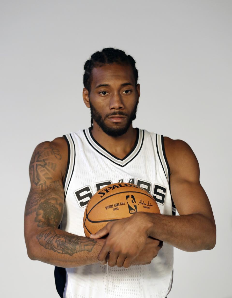<p>“Can you show us how much you love basketball, Kawhi? … OK, too much.” (AP) </p>