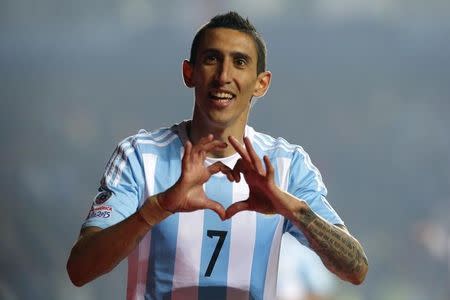 Argentina's Angel Di Maria celebrates after scoring a goal against Paraguay during their Copa America 2015 semi-final soccer match at Estadio Municipal Alcaldesa Ester Roa Rebolledo in Concepcion, Chile, June 30, 2015. REUTERS/Andres Stapff