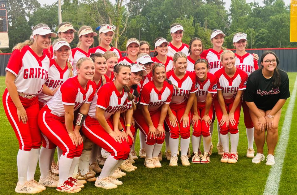 The North DeSoto softball team celebrates defeating Cecilia in the 2024 LHSAA Non-Select Division II playoffs.