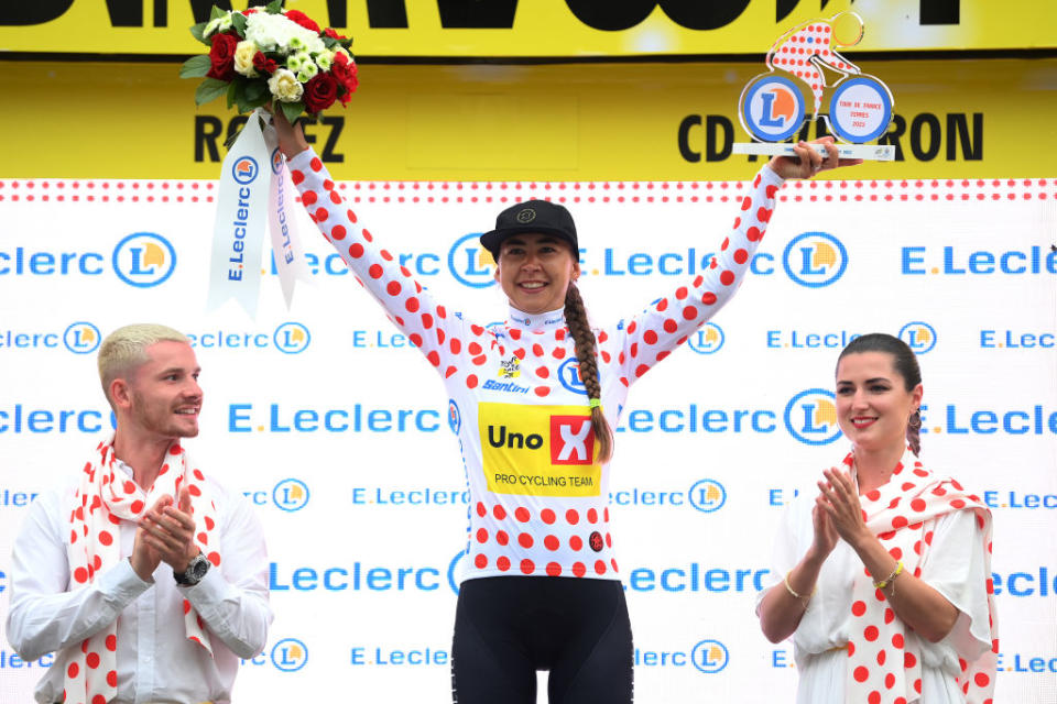 RODEZ FRANCE  JULY 26 Anouska Koster of The Netherlands and Team UnoX Pro Cycling Team celebrates at podium as Polka Dot Mountain Jersey winner during the 2nd Tour de France Femmes 2023 Stage 4 a 1771km stage from Cahors to Rodez 572m  UCIWWT  on July 26 2023 in Rodez France Photo by Alex BroadwayGetty Images