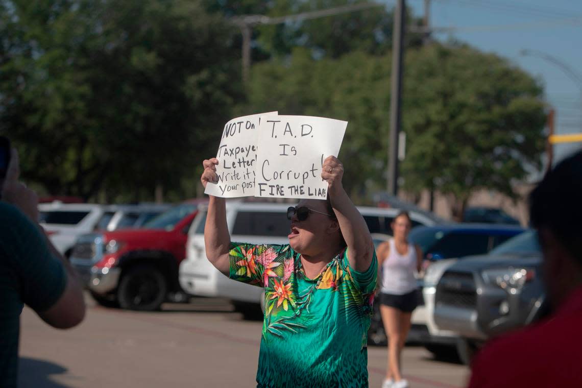 A person supporting Chandler Crouch before the emergency board meeting at Tarrant Appraisal District on Thursday, June 30, 2022, in Fort Worth, Texas.