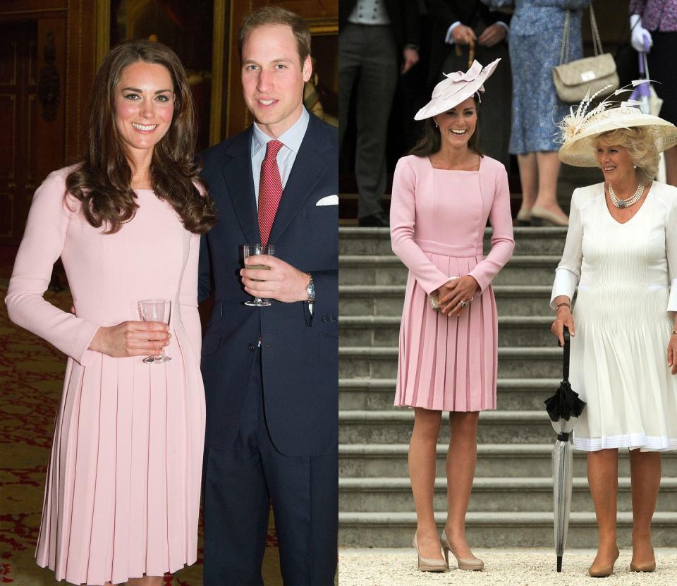 <p>Kate first wore this blush pink Emilia Wickstead dresscoat in May 2012, rewearing it a few weeks later, this time with a hat, for a garden party at Buckingham Palace. </p>