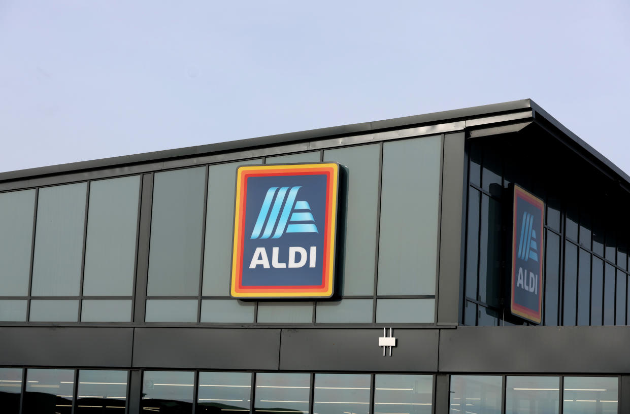 WINSFORD, ENGLAND - OCTOBER 17:  Aldi logo is displayed outside one of its stores on October 17, 2023 in Winsford, United Kingdom. (Photo by Nathan Stirk/Getty Images)