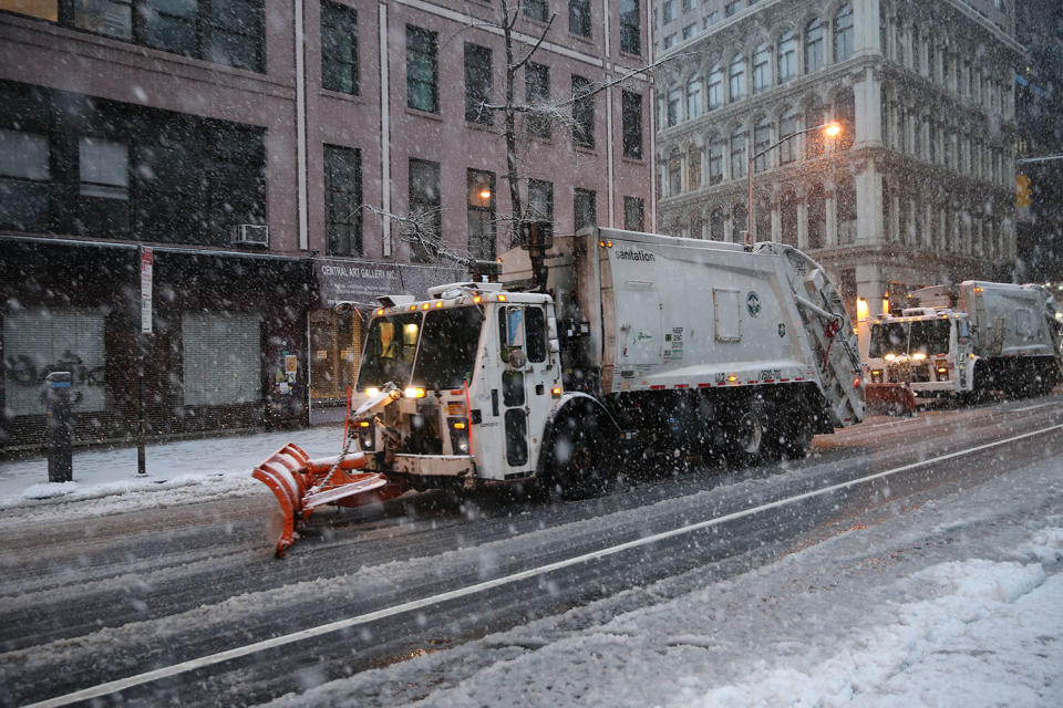 <p>New York City Sanitation Department snowplows clear Broadway during a snowstorm in the city on March 7, 2018. (Photo: Gordon Donovan/Yahoo News) </p>