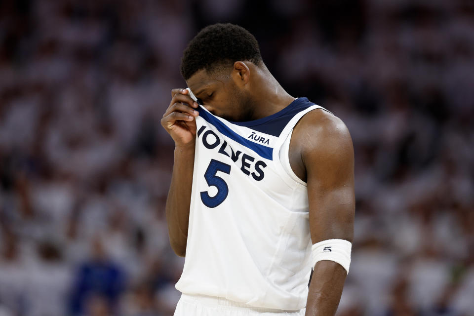 MINNEAPOLIS, MINNESOTA - MAY 12: Anthony Edwards #5 of the Minnesota Timberwolves reacts during the fourth quarter against the Denver Nuggets in Game Four of the Western Conference Second Round Playoffs at Target Center on May 12, 2024 in Minneapolis, Minnesota.  NOTE TO USER: User expressly acknowledges and agrees that by downloading and/or using this photograph, User is agreeing to the terms and conditions of the Getty Images License Agreement.  (Photo by David Berding/Getty Images)