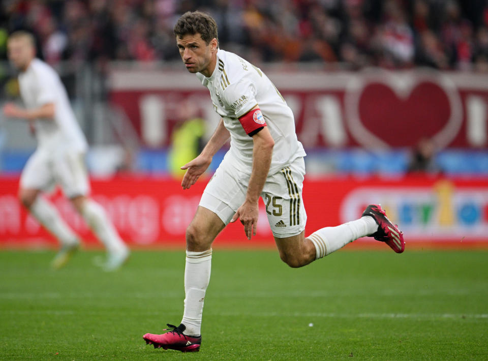 FREIBURG IM BREISGAU, GERMANY - APRIL 08: Thomas Mueller of Bayern Munich in action during the Bundesliga match between Sport-Club Freiburg and FC Bayern München at Europa-Park Stadion on April 08, 2023 in Freiburg im Breisgau, Germany. (Photo by Matthias Hangst/Getty Images)