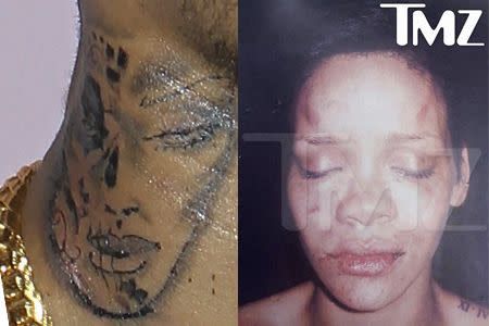 A comparison between the new tattoo and Rihanna's injuries following her assault by Chris Brown. Photo: Getty/TMZ