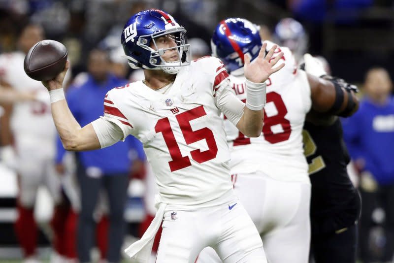 New York Giants quarterback Tommy DeVito failed to throw a touchdown pass in his last two starts. File Photo by AJ Sisco/UPI.