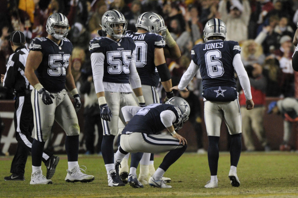 Dallas Cowboys kicker Brett Maher (2) reacts after missing a field goal Sunday, which came after a rare and costly penalty. (AP)