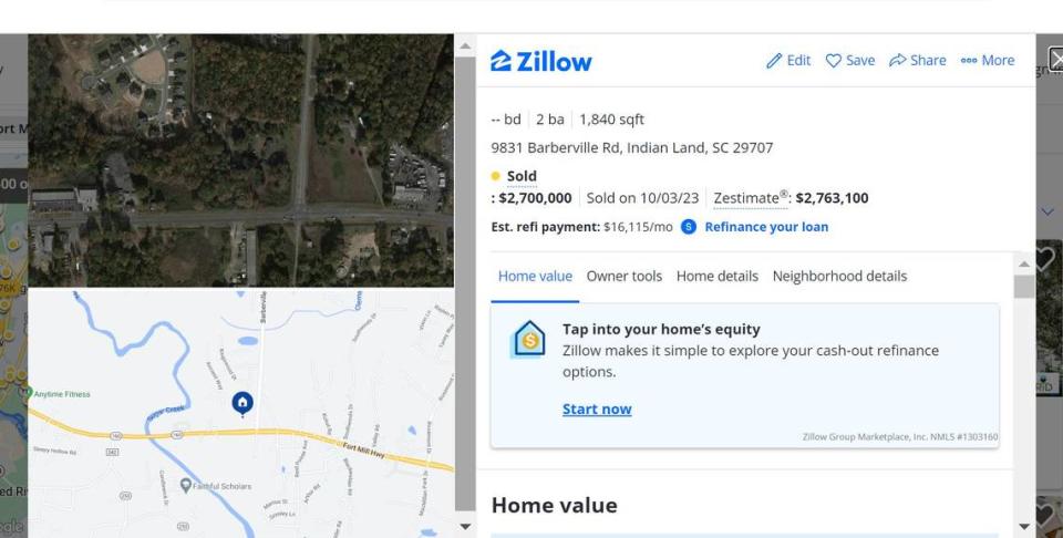 A Barberville Road home, now zoned for commercial development, sold in Indian Land last year for $2.7 million. Zillow screengrab