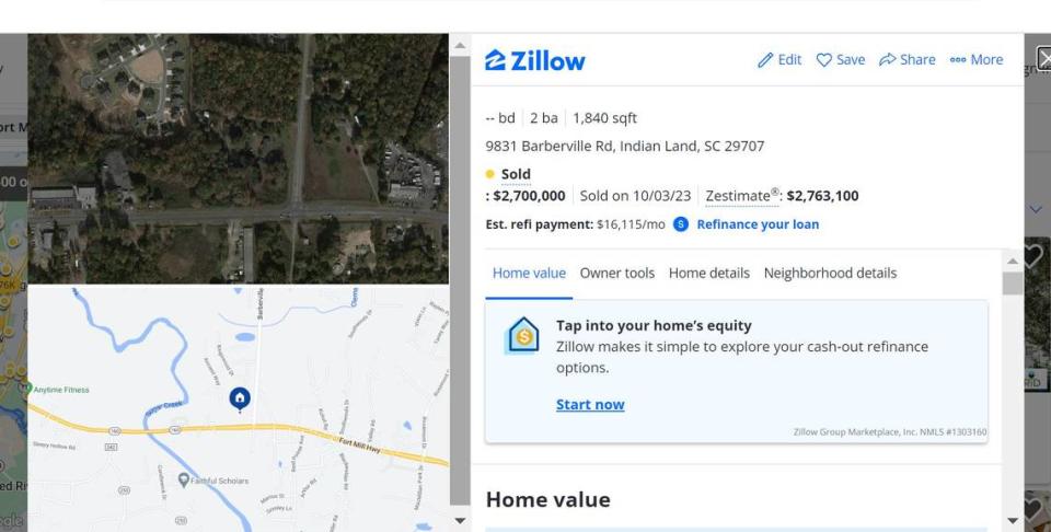 A Barberville Road home, now zoned for commercial development, sold in Indian Land last year for $2.7 million.