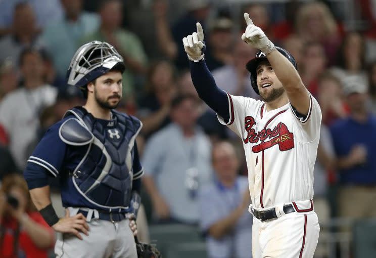 Ender Inciarte celebrates after hitting the first home run in SunTrust Park history. (AP)