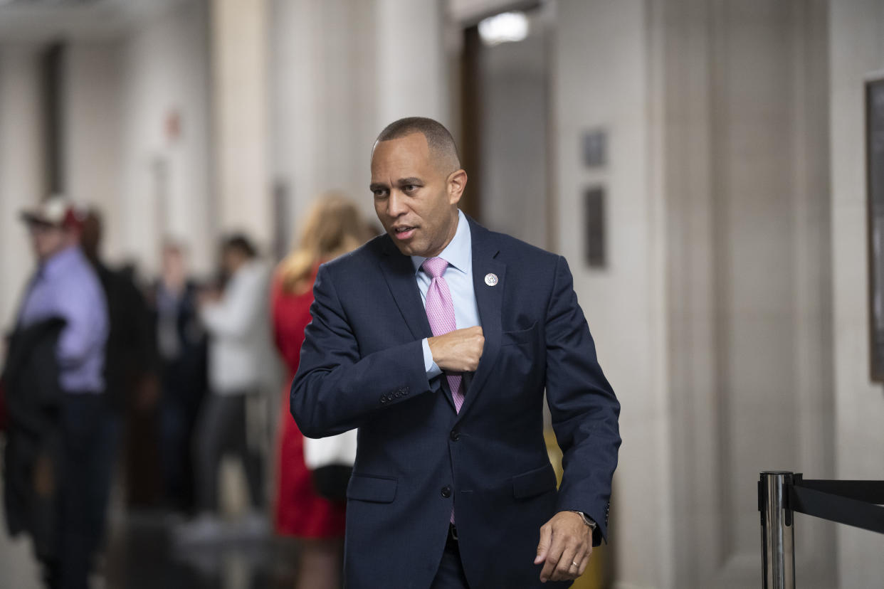 House Democratic Caucus Chair Hakeem Jeffries, D-N.Y., arrives for leadership elections where he is expected to become the top Democrat in the House when Nancy Pelosi steps down as speaker, at the Capitol in Washington, Wednesday, Nov. 30, 2022. Jeffries will become the first Black American to lead a major political party in Congress. (AP Photo/J. Scott Applewhite)