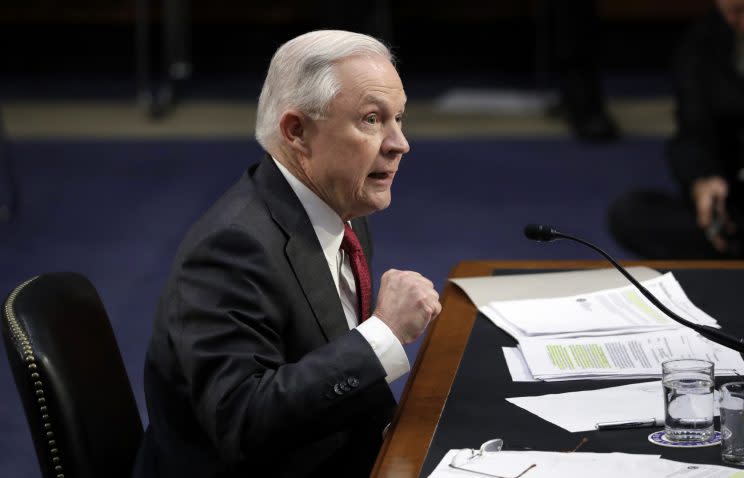 Attorney General Jeff Sessions shakes his fist as he testifies before the Senate Select Committee on Intelligence about his role in the firing of FBI Director James Comey and the investigation into contacts between Trump campaign associates and Russia, on Capitol Hill in Washington, Tuesday, June 13, 2017. (Photo: J. Scott Applewhite/AP) 