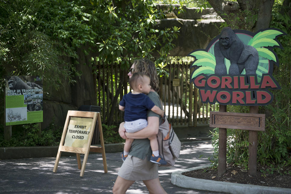 <p>A visitor with a small child passes outside the shuttered Gorilla World exhibit. <em>(AP Photo/John Minchillo)</em> </p>