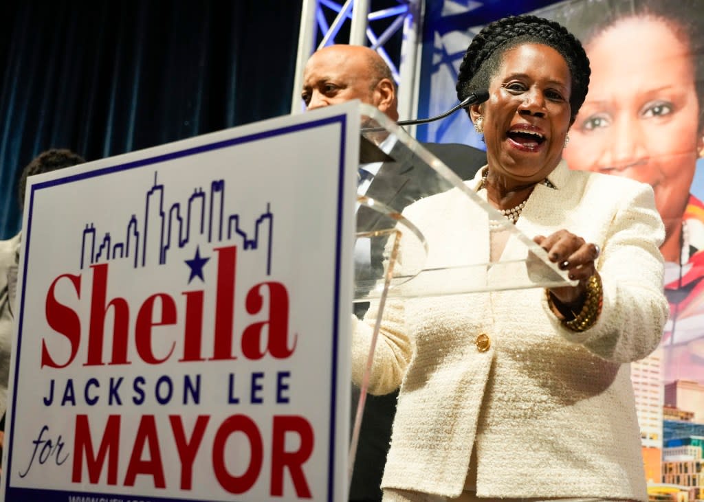 FILE – Mayoral candidate U.S. Rep. Sheila Jackson Lee speaks to supporters during an election watch party, Tuesday, Nov. 7, 2023, at Bayou Place in Houston. It’s down to two candidates in the race to lead the nation’s fourth-largest city. U.S. Rep. Sheila Jackson Lee and state Sen. John Whitmire will face off in Saturday’s runoff election to be the next mayor of Houston. (Jason Fochtman/Houston Chronicle via AP, File)