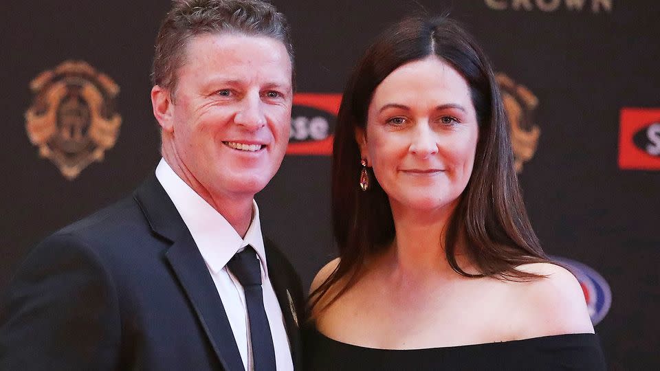 Damien Hardwick with wife Danielle at the 2017 Brownlow Medal. (Photo by Scott Barbour/Getty Images)
