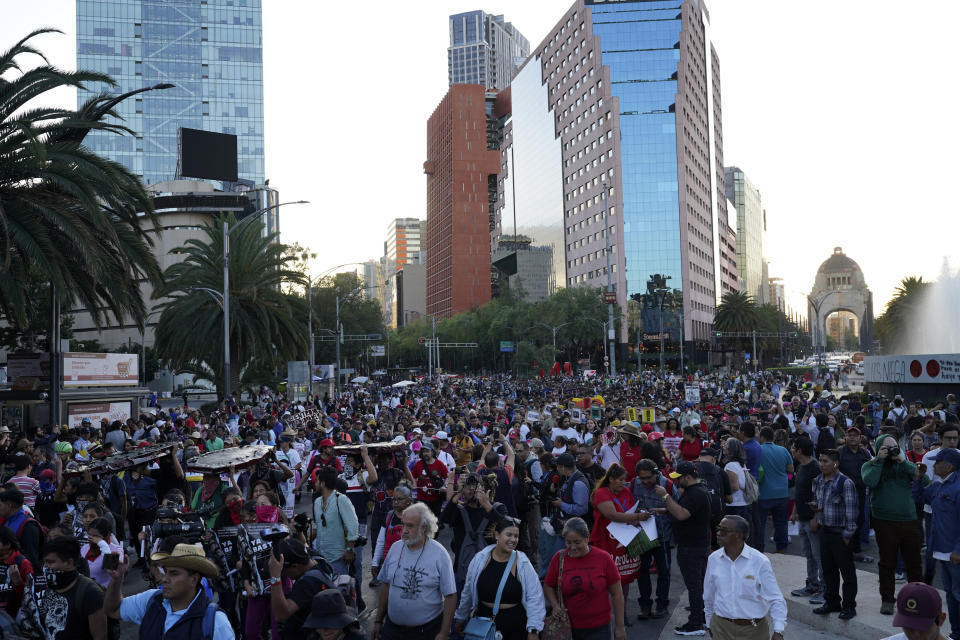 Relatives and sympathizers of 43 missing Ayotzinapa university students march on the 9th anniversary of their disappearance, in Mexico City, Tuesday, Sept. 26, 2023. (AP Photo/Marco Ugarte)