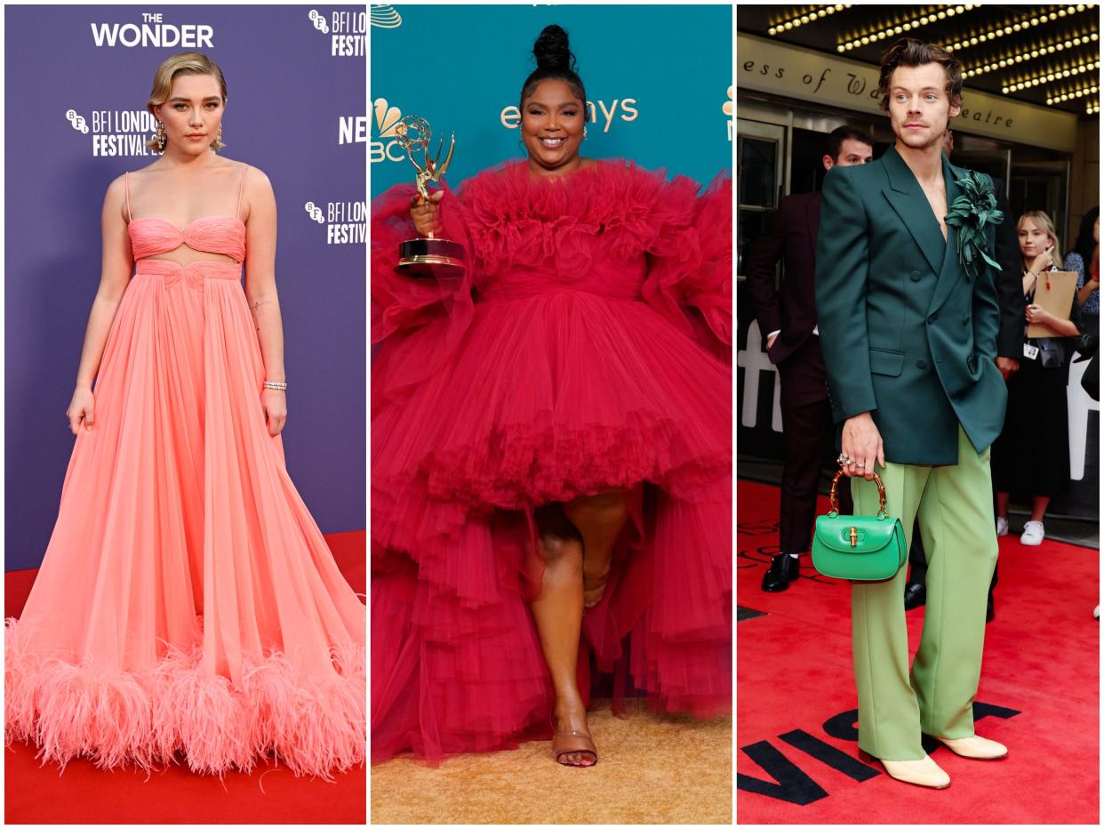 Florence Pugh in a peach gown with feathers at the 2022 London Film Festival; Lizzo in a red tulle dress at the 2022 Emmys; Harry Styles in a green jacket and lime green pants at the 2022 Toronto Film Festival