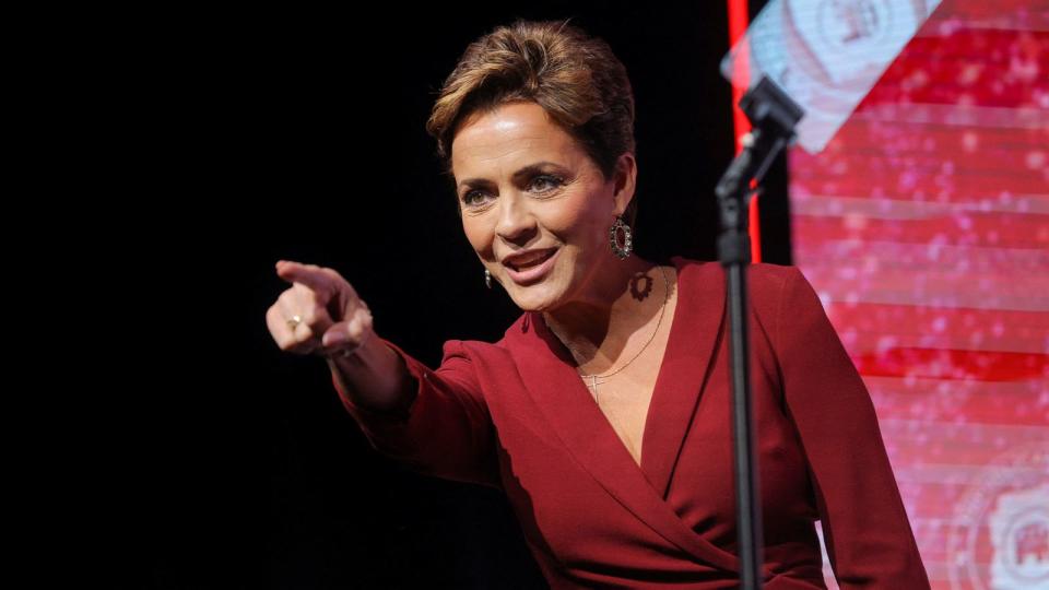 PHOTO: Republican candidate for Arizona Governor Kari Lake gestures as she attends  a midterm elections night rally in Scottsdale, Ariz., Nov. 8, 2022. (Brian Snyder/Reuters)