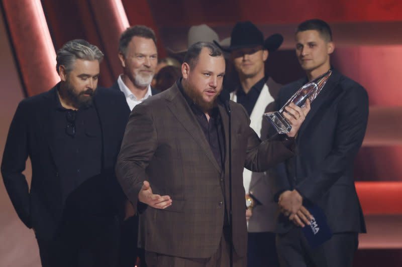 Luke Combs is awarded Single of the Year for his hit song "Fast Car," during the 57th Annual CMA Awards at Bridgestone Arena in Nashville on Wednesday. Photo by John Angelillo/UPI