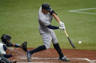 New York Yankees' Aaron Judge lines a single off Tampa Bay Rays relief pitcher Jeffrey Springs during the fifth inning of a baseball game Saturday, April 10, 2021, in St. Petersburg, Fla. (AP Photo/Chris O'Meara)