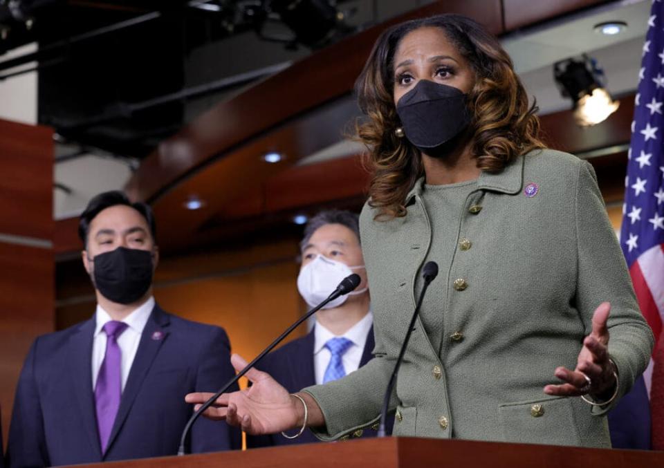 Del. Stacey Plaskett (D-VI) answers questions at a press conference after the conclusion of former President Donald Trump’s second impeachment trial February 13, 2021 in Washington, DC. The Senate voted 57-43 to acquit Trump. (Photo by Win McNamee/Getty Images)