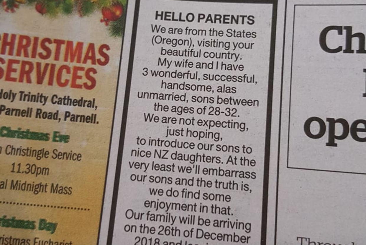 This ad ran in the <em>New Zealand Herald</em> on Wednesday and Thursday. (Photo: Kimberley Dixon via Facebook)