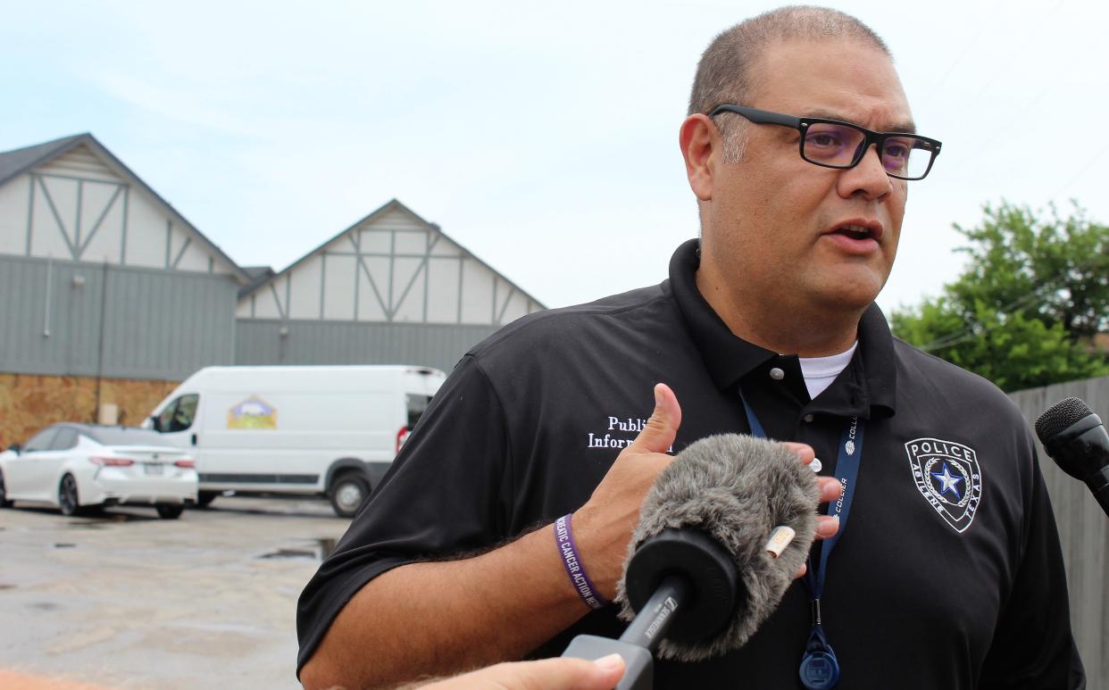 Rick Tomlin, public information officer for the Abilene Police Department, tells media Monday what police know about the death of a woman, 68, at Camelot Apartments. A family member found the woman about 8 a.m. June 14 2021