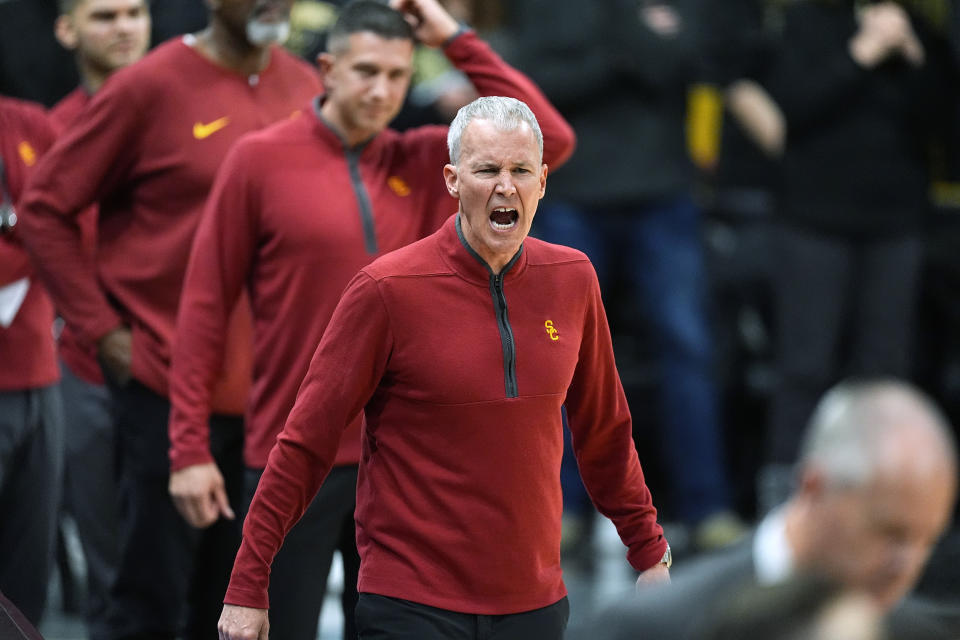 Southern California coach Andy Enfield reacts to a foul call against the team during the second half of an NCAA college basketball game against Colorado on Saturday, Jan. 13, 2024, in Boulder, Colo. (AP Photo/David Zalubowski)