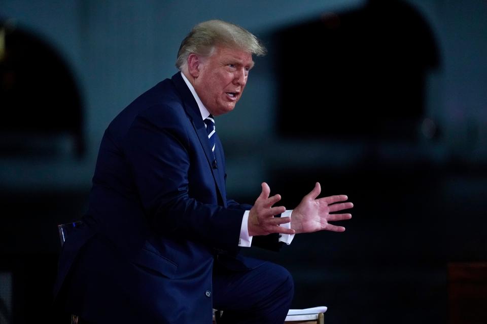 President Donald Trump speaks during an NBC News Town Hall, at Perez Art Museum Miami, Thursday, Oct. 15, 2020, in Miami. (AP Photo/Evan Vucci) ORG XMIT: FLEV426