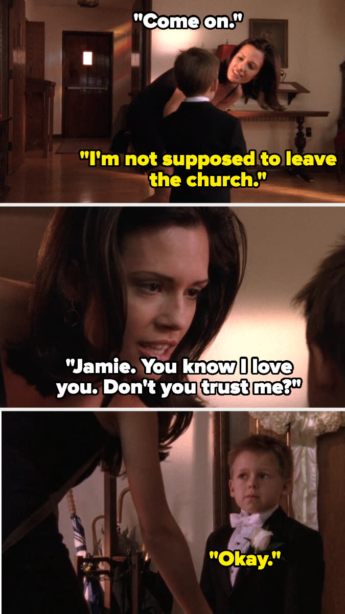 A woman kneels to speak with a young boy in a suit. Text: "Come on." "I'm not supposed to leave the church." "Jamie. You know I love you. Don't you trust me?" "Okay."