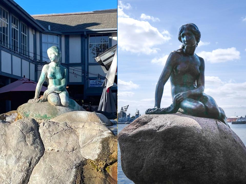 Little Mermaid statue in Solvang and Copenhagen