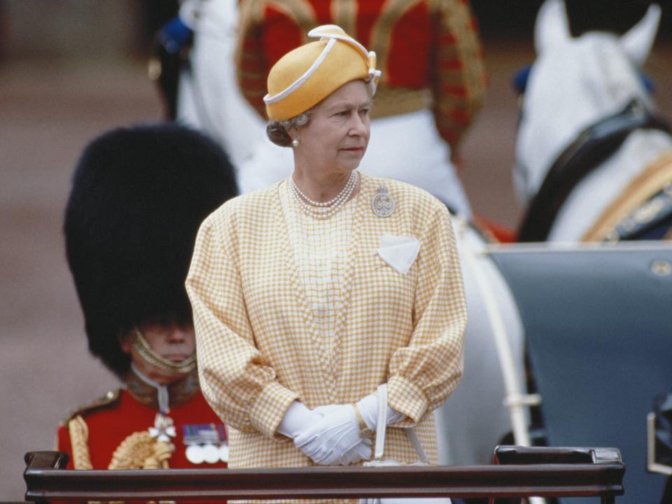 Queen Elizabeth II, wearing a regimental brooch, at the Trooping the Colour ceremony, in London, England, Great Britain, 15 June 1991.