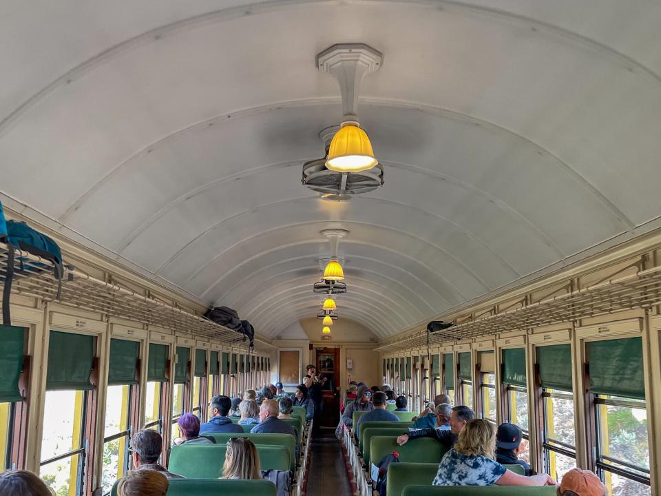 The interior of the Pullman train car on the Grand Canyon Railway.