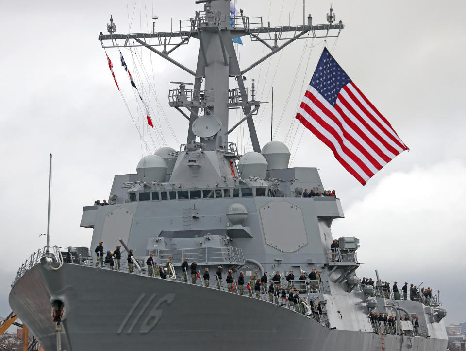 File:  The USS Thomas Hudner, named after Concord's Medal of Honor recipient Thomas Hudner, arrives in Boston for its commissioning ceremony later in the week on Nov. 26, 2018. / Credit: David L. Ryan/The Boston Globe via Getty Images