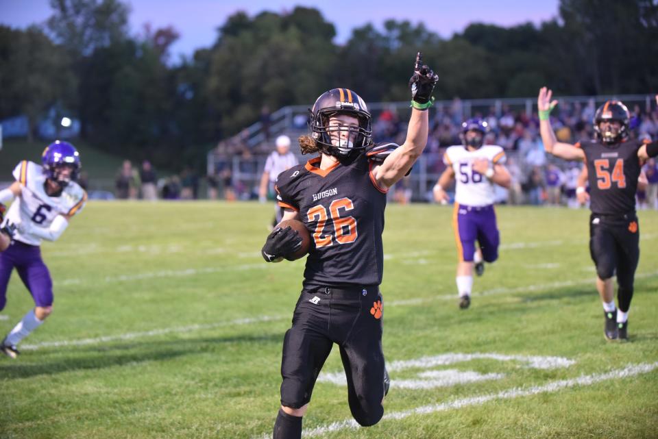 Brennan Marshall of Hudson scores a touchdown against LCAA rival Blissfield on Sept. 30.